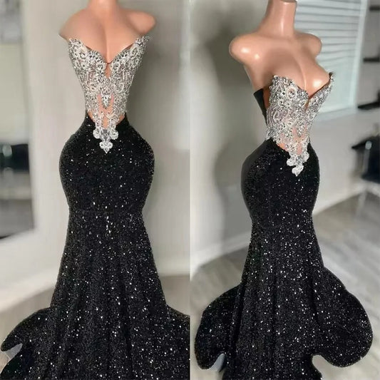 Glitter Black Sweetheart Diamonds Long Mermaid Prom Dresses Shining Crystal Beading Sequins Evening Gown Robe Customized