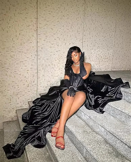 2025 Sexy Black Halter High Split Aso Ebi Evening Dresses Beaded Fish Bone Corset With Gloves Mermaid Prom Dress Customized