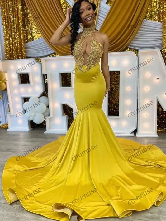 Vestidos de fiesta de sirena de satén amarillo para chicas negras de lujo 