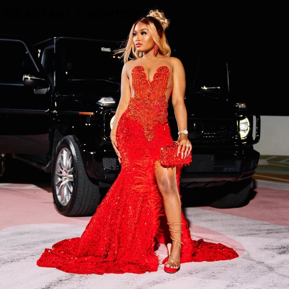 Customized 2025 Red Feather Mermaid Prom Dress Black Girl High Slit Crystal Beaded African Birthday Party Gown