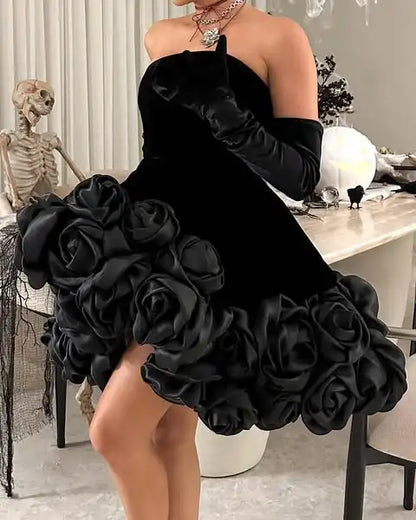 Black Velvet Short Formal Dresses With Handmade Flower Strapless Floral Women Mini Dress Birthday Dress