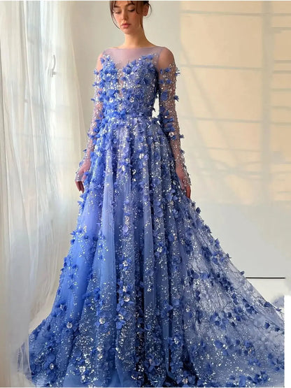 Gala Blue Very Luxurious Evening Dresses for Special Occasions Customized 3D Flowers Bead Embroidery Prom Dress
