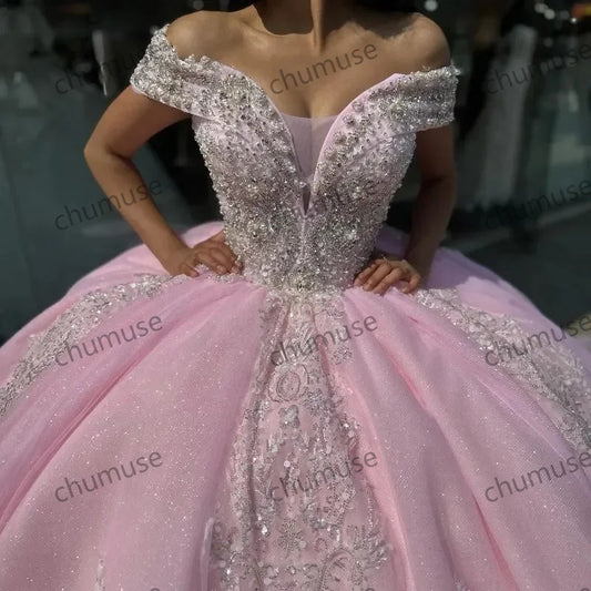 Vestidos de 15 anos com apliques de contas e apliques de quinceanera rosa México, doce aniversário de princesa 