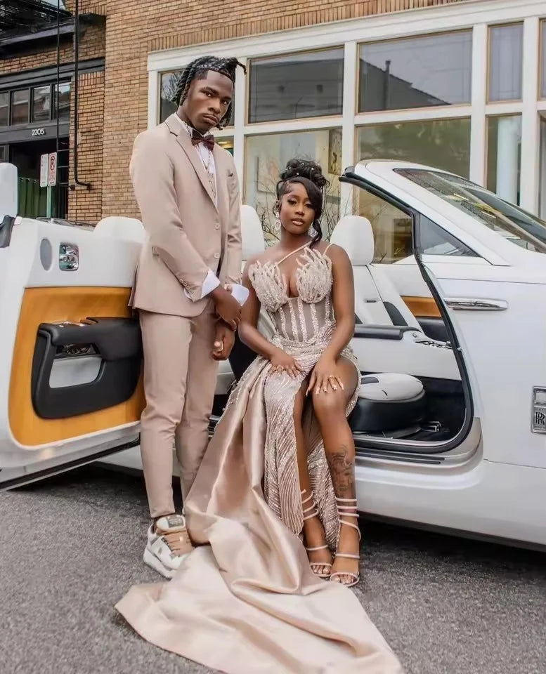 Champagne O Neck Long Prom Dress For Black Girls Bead Appliques Birthday Party Gowns Sequined Evening Dresses 2025 Customized