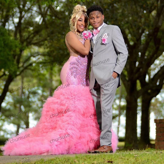 Vestido de fiesta rosa con escote en V, lentejuelas, capas de tul drapeado, plisado y espalda abierta con cristales