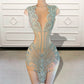 Vestidos de fiesta cortos con lentejuelas brillantes y cuentas de diamantes para mujer, color plateado, sexys, negros, transparentes, mini vestidos de cóctel para fiesta de cumpleaños 