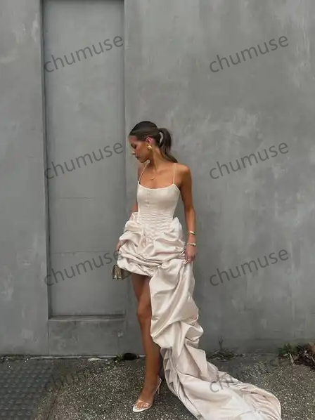 Newest Rcuhed Satin Asymmetrical Formal Dresses With Corset Bustier Fashion Women Maxi Dress To Party Lace Up Back
