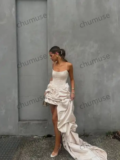 Newest Rcuhed Satin Asymmetrical Formal Dresses With Corset Bustier Fashion Women Maxi Dress To Party Lace Up Back