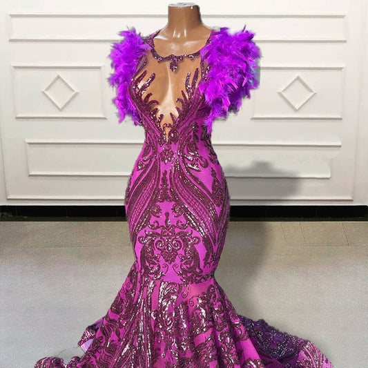 Vestidos de fiesta largos de sirena de lujo para niñas negras con lentejuelas brillantes y plumas, sin espalda, vestido de noche formal para mujer para fiesta de graduación 