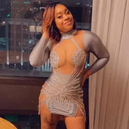 Glitter Crystal Beaded Diamond Short Prom Dresses Sexy Sheer Mesh Full Sleeves Girls Mini Cocktail Gowns for Birthday Party