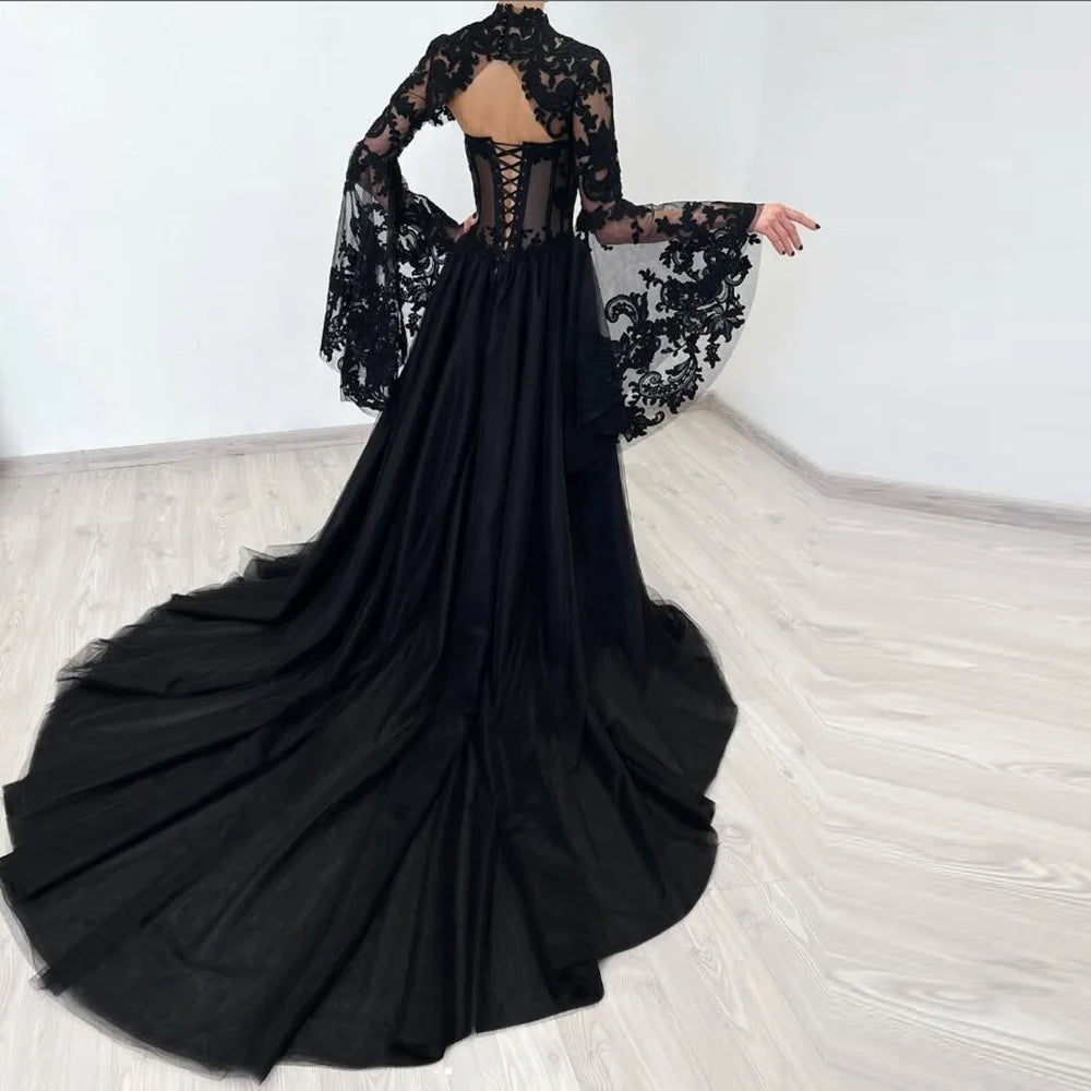 Customized Black Mermaid Prom Dresses Floor-Length High-Neck Full Sleeve Evening Dresses Fashion Lace Sexy Backless Lace-Up