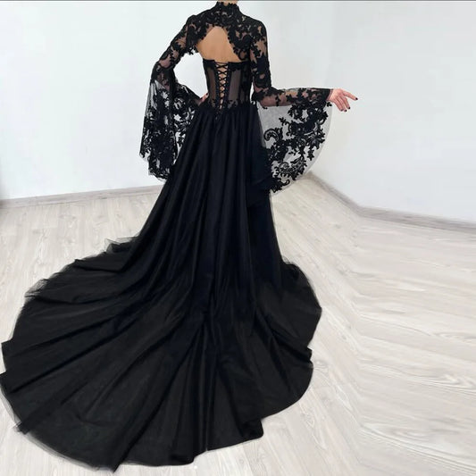Customized Black Mermaid Prom Dresses Floor-Length High-Neck Full Sleeve Evening Dresses Fashion Lace Sexy Backless Lace-Up