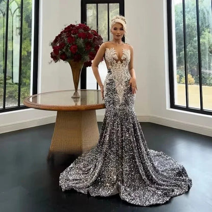 Silver Gray Prom Dresses Luxury Black Girls 2025 Crystal Sheer Neck Sequin Mermaid Party Dress African Evening Gowns Customized