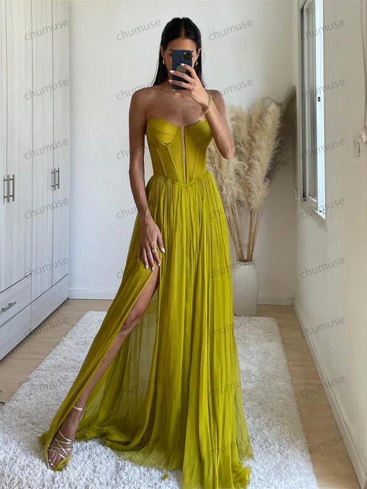Vestidos de fiesta de gasa amarilla sin tirantes, corte A, abertura lateral, vestido de novia personalizado, sin mangas, largo hasta el suelo