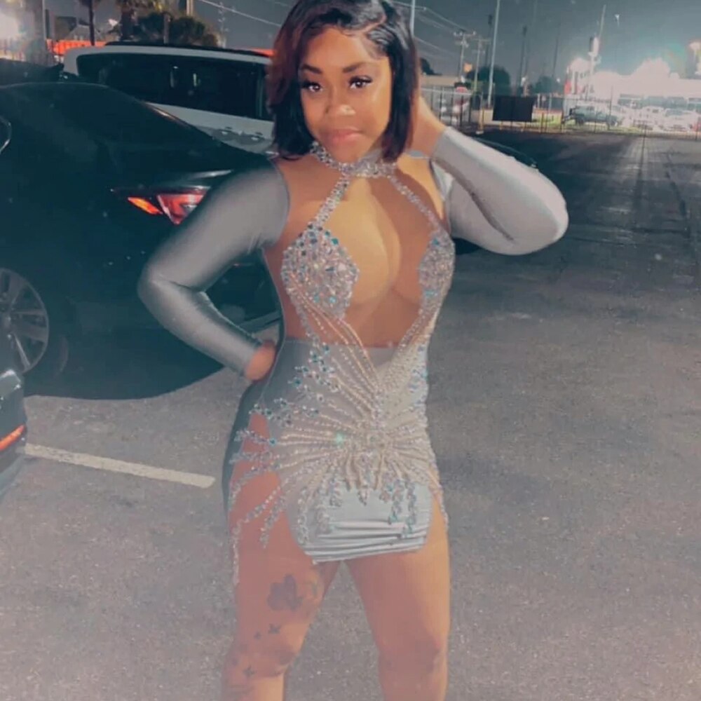 Glitter Crystal Beaded Diamond Short Prom Dresses Sexy Sheer Mesh Full Sleeves Girls Mini Cocktail Gowns for Birthday Party