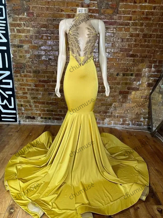 Vestidos de fiesta de sirena de satén amarillo para chicas negras de lujo 