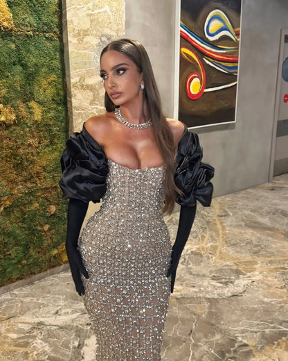Luxury Sparkly Sexy Black Girl Prom Dresses 2025 Long Sleeves Strapless Beaded Diamonds Mermaid Women Evening Dress Customized