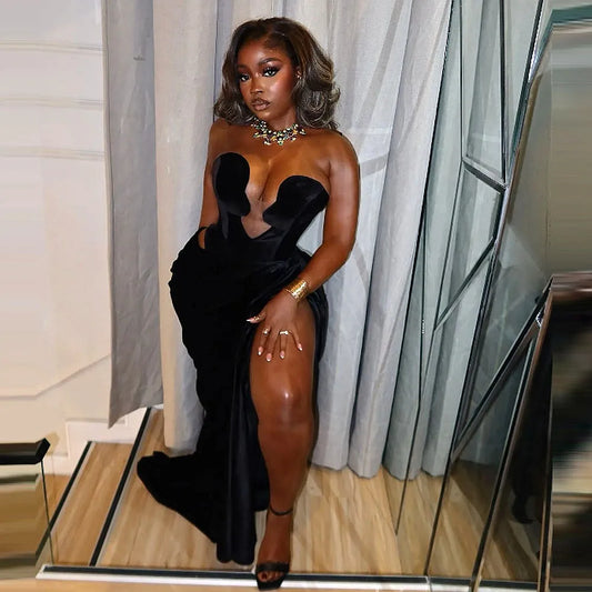 Bacck Velvet Evening Dresses Sweetheart High Slit Prom Dress Aso Ebi Formal Party Gowns