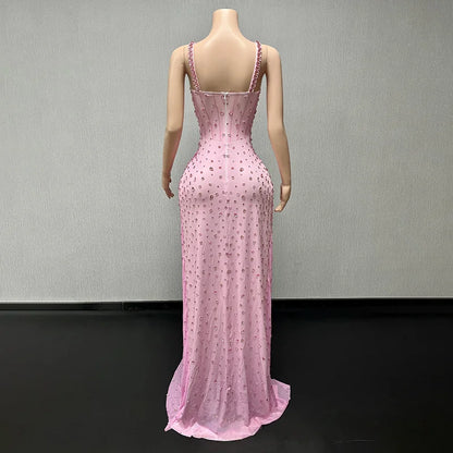Women Luxury Pink Spaghetti Strap Crystal Drapped Open Leg Bright Long Comfortable Soft Birthday Celebrity Evening Party Gowns