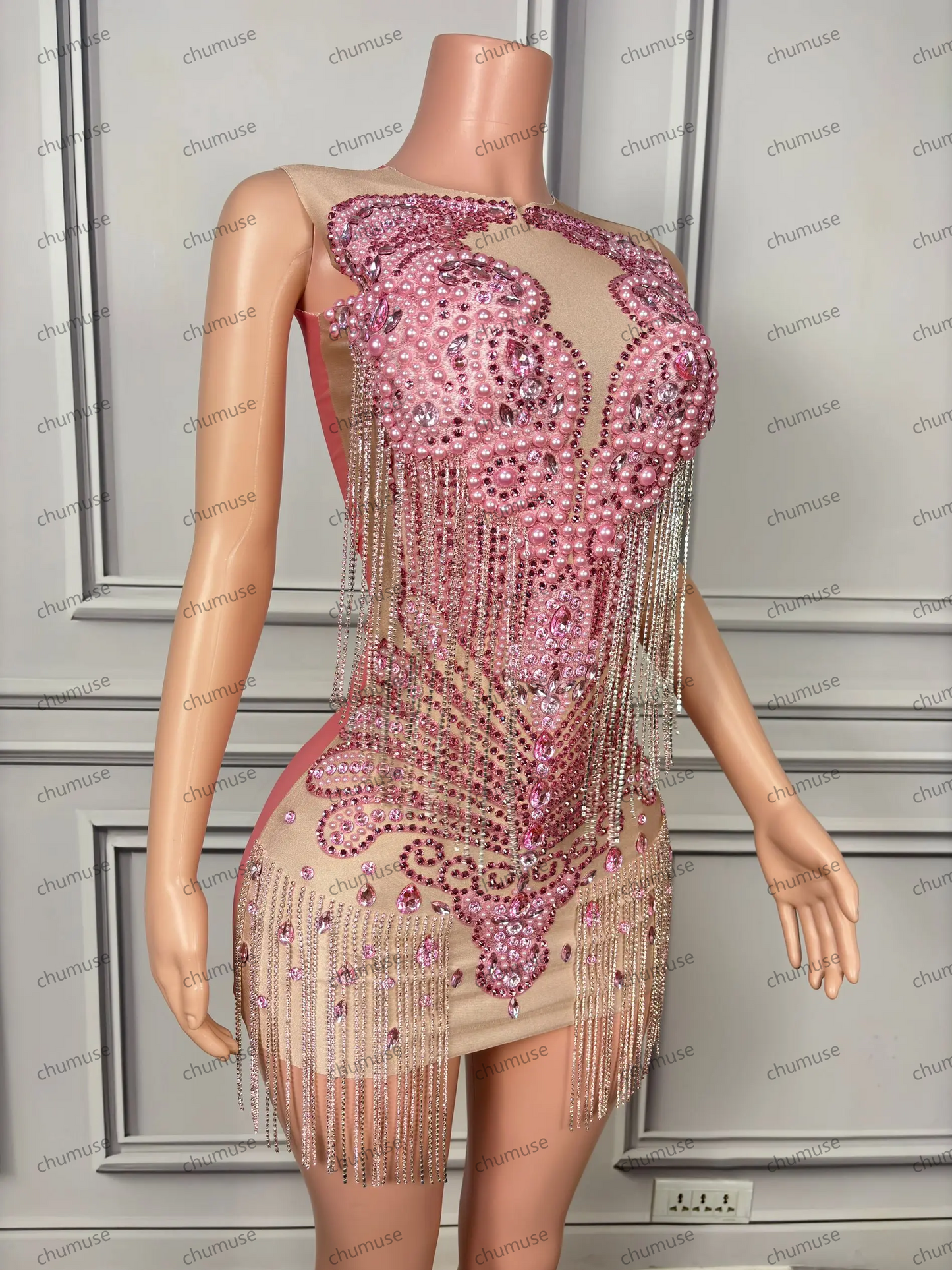 Luxury Pink Rhinestones Short Prom Dresses Sexy Sheer Mesh Diamond Beaded