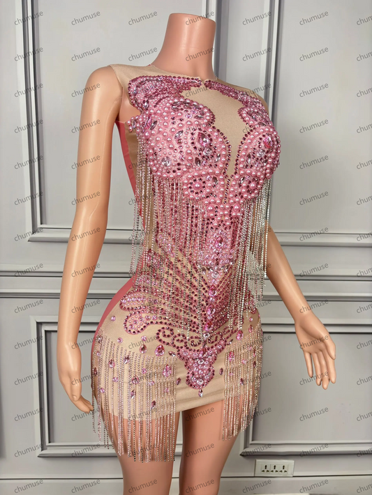 Luxury Pink Rhinestones Short Prom Dresses Sexy Sheer Mesh Diamond Beaded