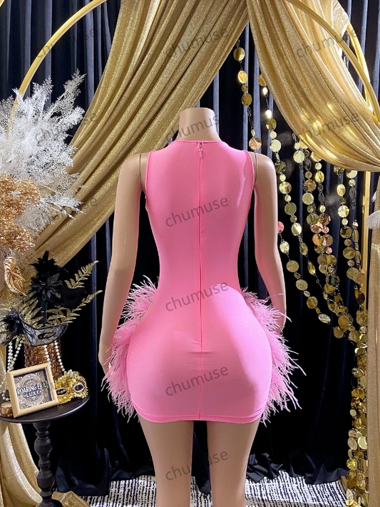 Vestido de fiesta corto con cuentas de cristal brillante, sexy, escote en V, apliques de plumas, vestido de reina para fiesta de cumpleaños de niña negra