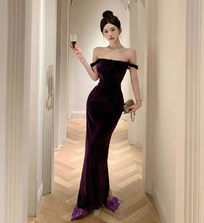 Velvet Sleeveless Long One-piece Dress Gown Purple Women Elegant Party Maxi Dress