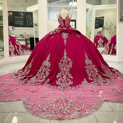 Red Spaghetti Strap Bow Quinceanera Dresses Ball Gown Beading Crystal Appliques Lace Sweet 15 Años Mexican Customized