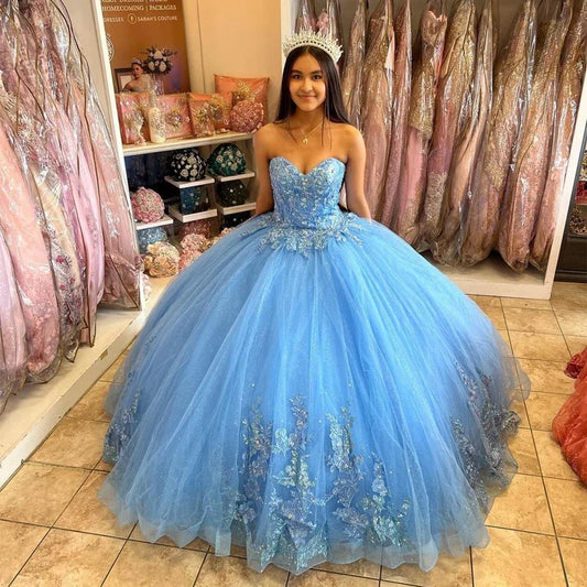 Vestidos de baile azuis, vestidos de quinceanera, princesa, 15 anos, festa, glitter, tule, apliques, cauda, baile de máscaras, vestidos de aniversário de Cinderela
