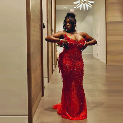 Red Plus Size Prom Dress With Beads Crystals Celebrity Formal Occasion Birthday Dress To Christmas Sleeveless robes de soirée