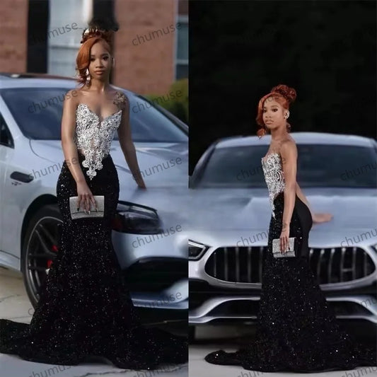 Vestido de fiesta largo tipo sirena con escote en forma de corazón, diamantes y brillantes negros, con lentejuelas y cuentas de cristal brillantes, personalizado