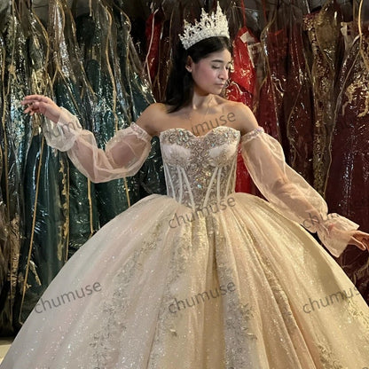 Beading Crystal Quinceanera Dresses Long Sleeved Lace Cinderella Princess Birthday