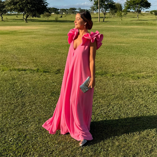 V-Neck Column Prom Dresses 2025 Flower Shoulder Hot Pink Evening Dresses Elegant Floor-Length Customized Party Dresses