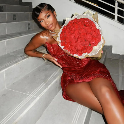 Red Velvet Mermaid Prom Dresses For African Wmen Sweetheart Major Pearls Sequins High Slit Evening Party Dress Birthday Gowns