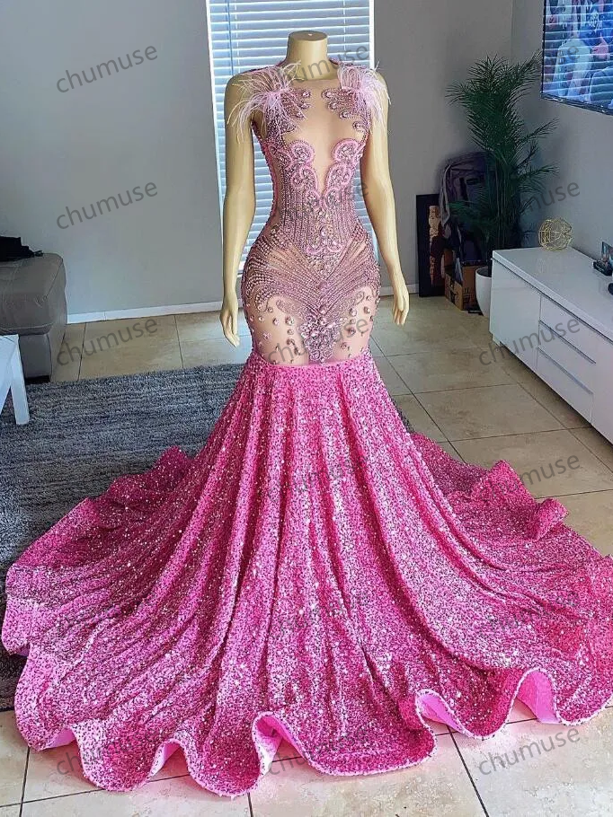 Cute Pink Mermaid Prom Party Dress Luxury Crystal Feather Velvet Black Girl Birthday Queen Gown