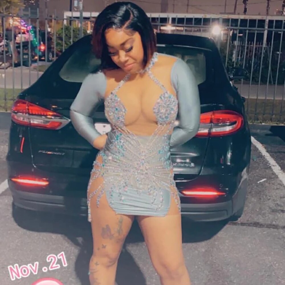 Glitter Crystal Beaded Diamond Short Prom Dresses Sexy Sheer Mesh Full Sleeves Girls Mini Cocktail Gowns for Birthday Party