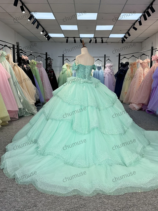 Vestido de baile de princesa verde personalizado e doce, vestidos de quinceañera com laço, mangas curtas, miçangas, festa de aniversário para meninas de 15 anos