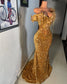 Saudi Arabia Luxury Gold Corset Sequins Evening Dresses 3D Flowers Beading One Shoulder Mermaid Sparkling Crystal Fishbone Gown