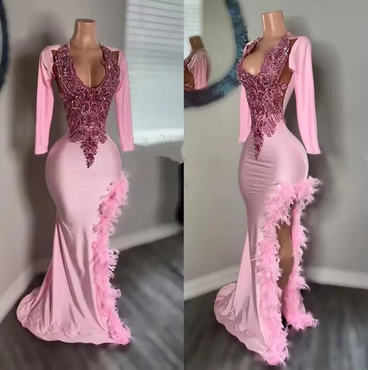 Customized Pink Satin Memaid Prom Dresses 2025 Long Sleeves Sexy Front Split Feathers Formal Evening Occasion Gowns Vestidos De