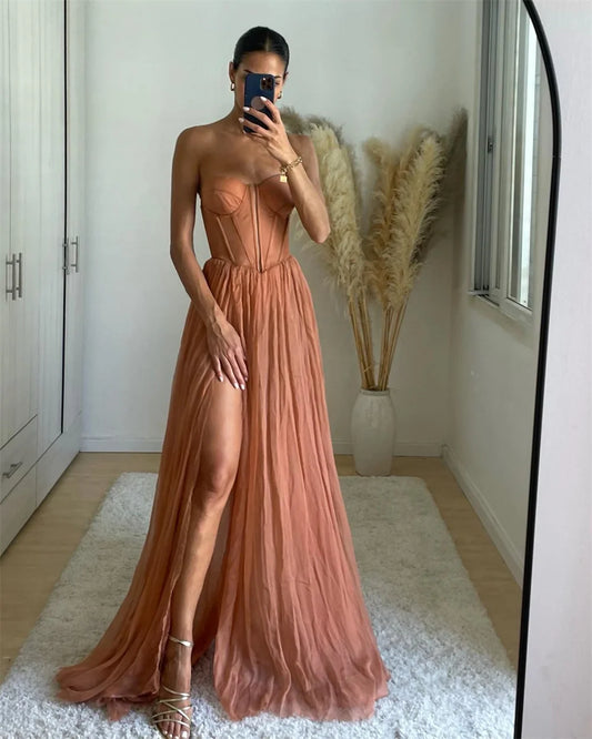 Vestidos de fiesta de gasa amarilla sin tirantes, corte A, abertura lateral, vestido de novia personalizado, sin mangas, largo hasta el suelo