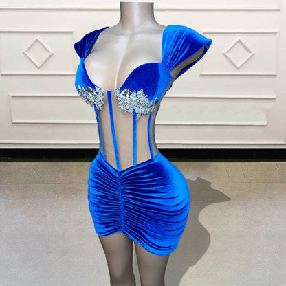 Custom Made Velvet Short Prom Dresses for Birthday Party Sexy See Through Beaded Crystal Blue Mini Cocktail Gowns