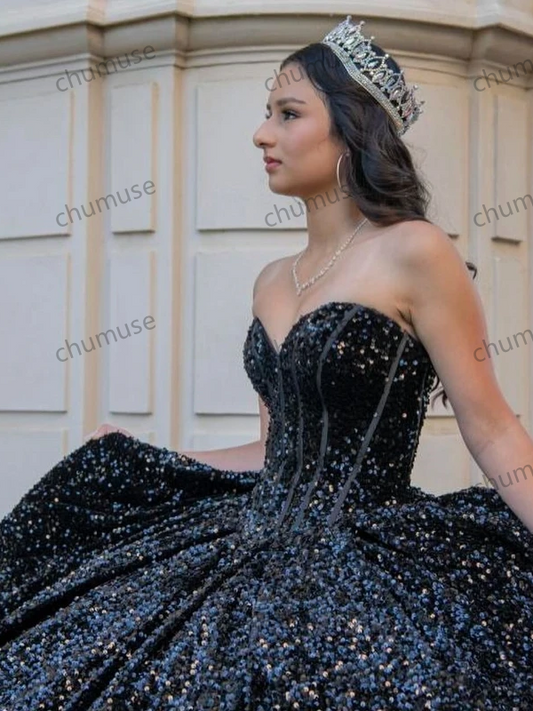 Vestido de festa de 15 anos preto brilhante, vestido de princesa para baile de formatura, com lantejoulas, para 16 e 15 anos, vestido de miss aniversário, concurso mexicano