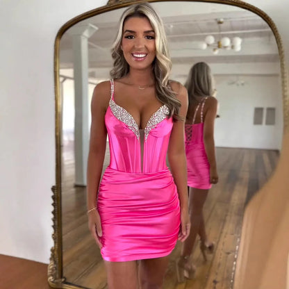 Sexy Sheath Short Cocktail Party Dress V Neck Satin Sleeveless Sequin Prom Gown Sparkle Homecoming Dresses 2025 Free Customized