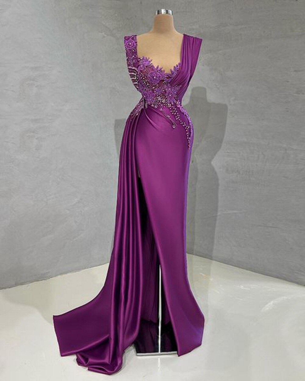 Long Evening Dresses Sexy High Slit Luxury Beaded Dubai Women Purple Satin Formal Evening Party Gowns