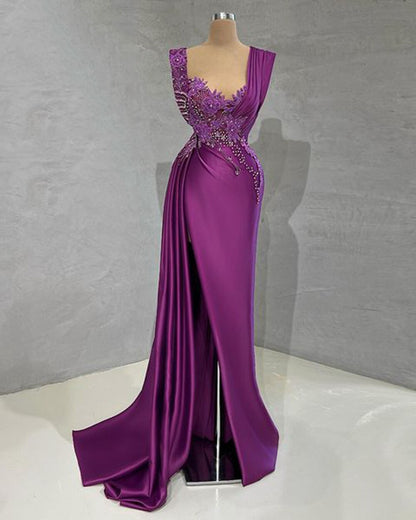 Long Evening Dresses Sexy High Slit Luxury Beaded Dubai Women Purple Satin Formal Evening Party Gowns