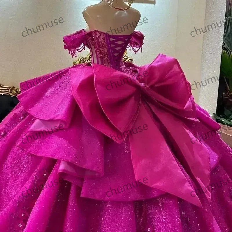 Fuchsia Tassel Princess Quinceanera Dresses Beaded Appliques Princess Dresses