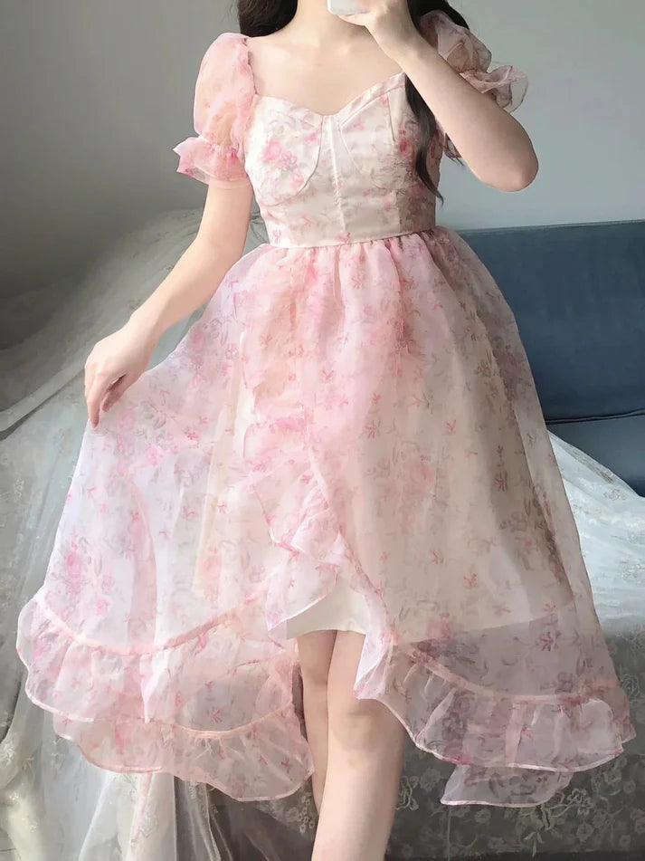 Vestido vintage floral con escote cuadrado alto y bajo para fiestas, vestidos de cumpleaños, atuendos de cumpleaños