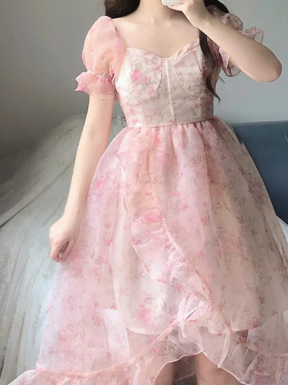 Vestido vintage floral con escote cuadrado alto y bajo para fiestas, vestidos de cumpleaños, atuendos de cumpleaños