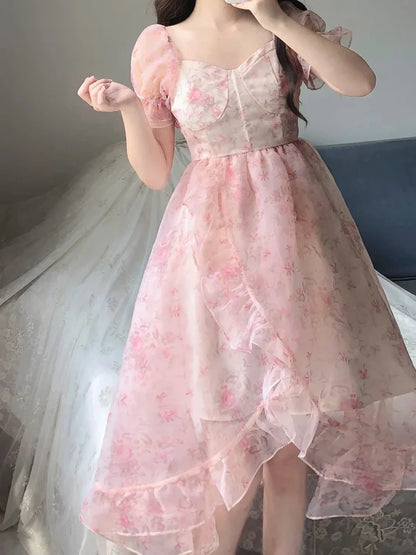 Vestido vintage floral con escote cuadrado alto y bajo para fiestas, vestidos de cumpleaños, atuendos de cumpleaños