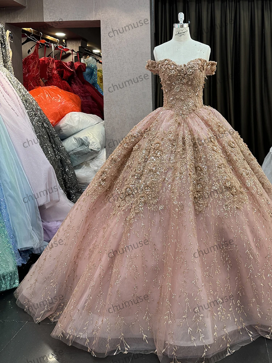 new design Flowers Pink Off Shoulder Ball Gown Embroidery Wedding Evening Dresses